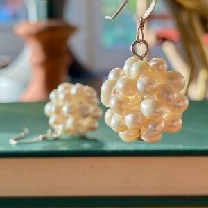 Vintage Natural Pearl Cluster Dangle Drop 925 Sterling Silver Hook Earrings